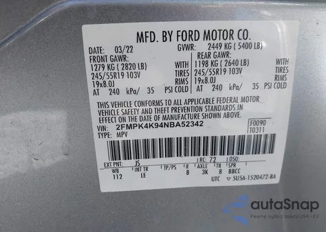 2022 Ford Edge Titanium из США, поврежденный, VIN 2FMPK4K94NBA52342